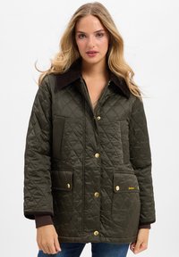 Groene gewatteerde jas met een donkerbruine kraag, gouden knopenaccenten en zijzakken. Heeft een relaxte pasvorm en een gestructureerde stof.