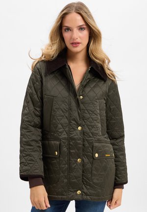 Groene gewatteerde jas met een donkerbruine kraag, gouden knopenaccenten en zijzakken. Heeft een relaxte pasvorm en een gestructureerde stof.