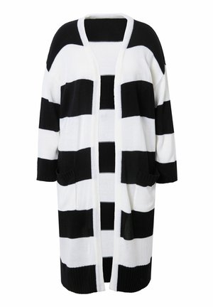 Zwart-wit gestreepte cardigan met een losse pasvorm, open voorkant, driekwart mouwen en twee voorzakken. Gebreide textuur.