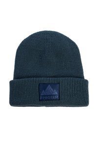 Knit beanie in dark navy, featuring a fold-over cuff and a textured surface. Includes a matte logo patch on the front.