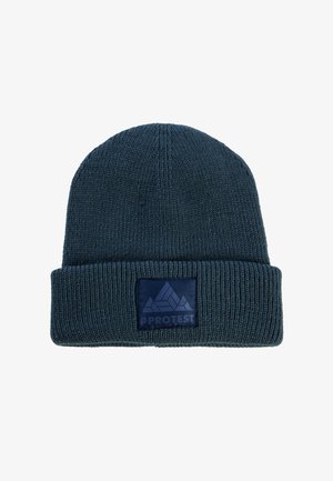 Gebreide beanie in donker marineblauw, met een omslagrand en een gestructureerd oppervlak. Inclusief een matte logo-patch aan de voorkant.