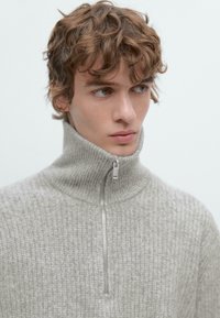 Giovane uomo con capelli castani ricci che indossa un maglione a metà zip grigio chiaro, che guarda leggermente di lato su uno sfondo semplice.