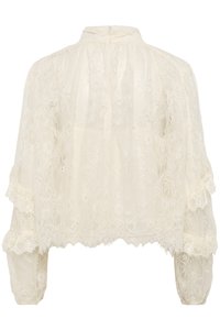 Elfenben lace langærmet bluse med høj hals, delikate blomster mønstre, flæse-lag på ærmerne og bølget kant.