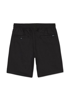 Schwarze knielange Shorts mit elastischem Bund, zwei Gesäßtaschen – eine mit Knopf, eine mit Volcom-Label.