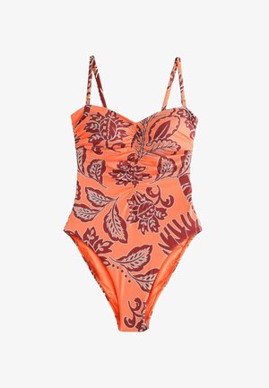 One-piece swimsuit in vibrant orange with red floral patterns. Features adjustable straps and gathered detailing at the bust and waist.