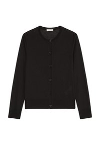 Schwarze Strickjacke aus weichem Stoff, mit rundem Halsausschnitt, langen Ärmeln und einer durchgehenden Knopfleiste mit fünf Knöpfen.
