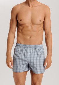 Boxers à carreaux bleu et blanc, fabriqués en tissu léger, dotés d'une taille élastique et d'un bouton unique à l'avant.