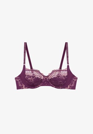 Lace and fabric bra in dark purple with a floral pattern, featuring adjustable straps and a central decorative ring.