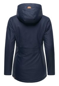Navy waterproof jacket with a hood, featuring a cinched waist, long sleeves, and a leather logo patch on the back. Smooth texture.