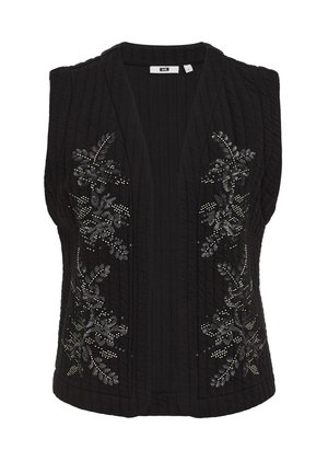 Vesta fără mâneci, de culoare neagră, cu textură matlasată, având broderie florală argintie pe partea din față. Design deschis în față, fără închideri.