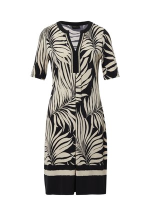 Kurzärmliges Kleid in Schwarz und Creme mit einem Blättermuster, ausgestattet mit einem V-Ausschnitt mit dekorativen Nähten und einem geraden Schnitt.