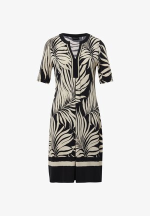 Kurzärmliges Kleid in Schwarz und Creme mit einem Blättermuster, ausgestattet mit einem V-Ausschnitt mit dekorativen Nähten und einem geraden Schnitt.