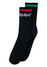 Calcetines de algodón negros con textura acanalada, presentan acentos a rayas verdes y rojas en la parte superior, y el logo de "Kickers" en blanco.