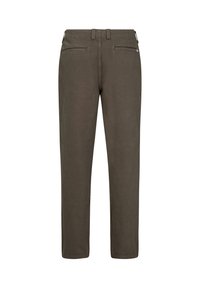 Khaki bukser lavet af blødt stof, med lige snit, to baglommer og en subtil glans. Taljen har bæltesløjfer.