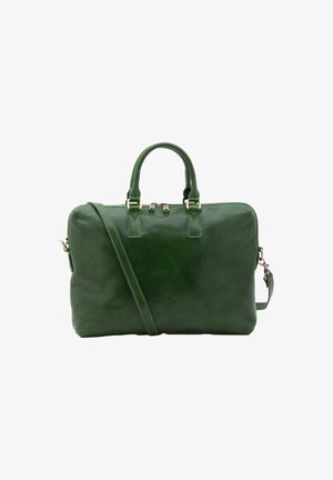 Groene leren tas met dubbele handgrepen, een afneembare schouderriem, ritssluiting en een gladde textuur. Rechthoekige vorm met minimale accenten.
