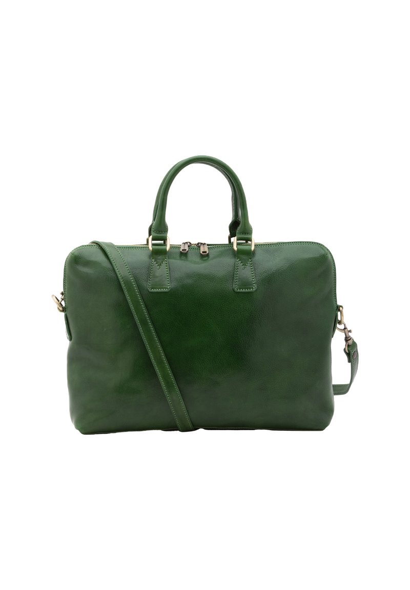 Sac en cuir vert avec deux poignées, une bandoulière amovible, fermeture éclair et texture lisse. Forme rectangulaire avec des accents minimalistes.