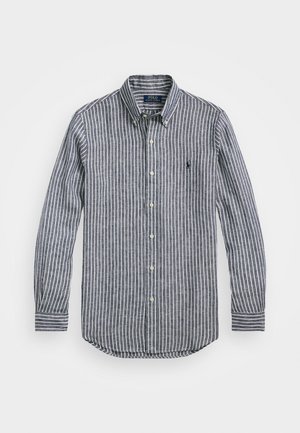 Gestreifte Hemdbluse in Marineblau und Weiß, mit Kragen, langen Ärmeln und geradem Saum. Glattes Material mit einer dezenten Textur.