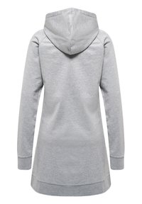 Szary hoodie, wykonany z gładkiej, polarowej tkaniny, z długimi rękawami, zaokrąglonym dołem oraz dużym kapturem z tyłu dla dodatkowego ciepła.