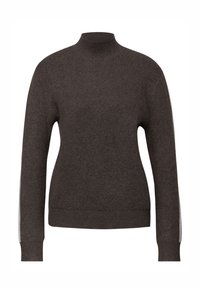 Ciemnobrązowy, długi sweter z dzianiny z półgolfem, ściągaczami na mankietach i u dołu, o dopasowanym kroju i subtelnym wzorze.