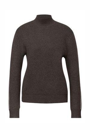 Donkerbruin lang mouw gebreide trui met een geribde coltrap, boorden en zoom, voorzien van een slanke pasvorm en subtiele textuur.