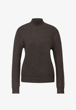 Ciemnobrązowy, długi sweter z dzianiny z półgolfem, ściągaczami na mankietach i u dołu, o dopasowanym kroju i subtelnym wzorze.