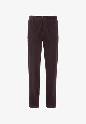 Dunkelbraune Cordhosen. Gerades Bein Design, mit einem Knopfverschluss und sichtbarer Struktur. Keine Taschen sind zu sehen.