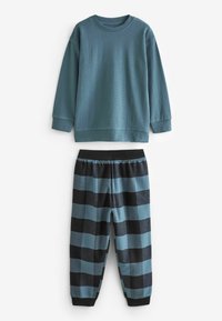 T�ürkiser, strukturiertes Langarm-T-Shirt, kombiniert mit schwarz-blauen gestreiften Schlafanzughosen. Elastischer Bund mit gerafften Bündchen an den Knöcheln.