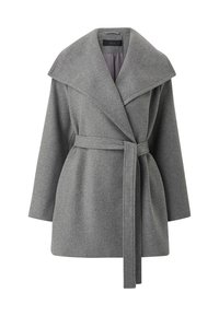 Grijze wolmix jas met een grote kraag, lange mouwen en een zelf te strikken ceintuur in de taille, met een gestructureerd silhouet en een gladde textuur.