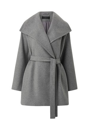 Grijze wolmix jas met een grote kraag, lange mouwen en een zelf te strikken ceintuur in de taille, met een gestructureerd silhouet en een gladde textuur.