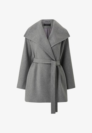 Grijze wolmix jas met een grote kraag, lange mouwen en een zelf te strikken ceintuur in de taille, met een gestructureerd silhouet en een gladde textuur.