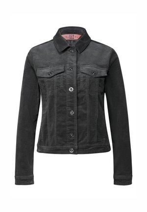Veste en denim noire avec un design ajusté, dotée d'un col pointu, d'une fermeture à boutons, de deux poches poitrine et de détails de couture de style western.