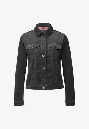 Schwarze Jeansjacke mit tailliertem Schnitt, ausgestattet mit einem spitzen Kragen, Knopfverschluss, zwei Brusttaschen und westlichen Nähdetails.