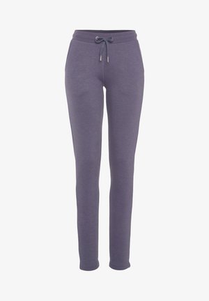 Purple sweatpants with a drawstring waistband, tapered legs, and soft texture, suitable for casual wear and comfort.