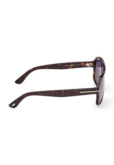 Lunettes de soleil écaille de tortue marron avec des verres foncés, vues de profil droit sur fond blanc.