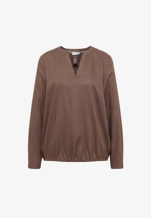 Brązowa bluzka z długim rękawem, z dekoltem w kształcie litery V i elastycznym dołem, wykonana z miękkiej tkaniny, przeznaczona do noszenia na co dzień lub do pracy.