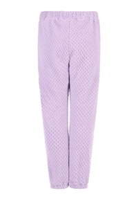 Zachte, lila sweatpants met een gestructureerd honingraatpatroon, voorzien van een elastische tailleband, rechte pijpen en geen zichtbare zakken.
