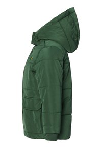 Grüne, gepolsterte Jacke mit Kapuze, Frontknöpfen, Seitentaschen und gerippten Bündchen. Glattes, glänzendes Material mit einer gesteppten Struktur.