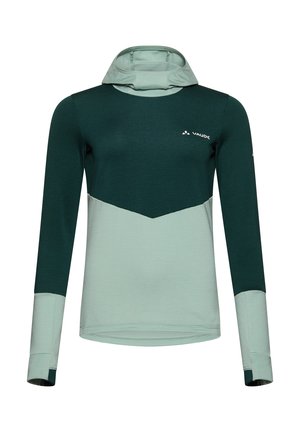 Langslibbige, twee-tonen groene sporthoodie met duimopeningen en het Vaude-logo op de linkerborst en mouw.
