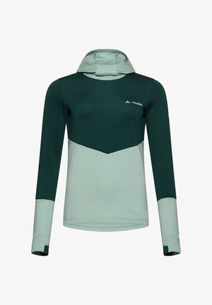 Langslibbige, twee-tonen groene sporthoodie met duimopeningen en het Vaude-logo op de linkerborst en mouw.
