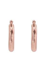 Ohrringe in Roségold mit einem glatten, runden Design, das über eine polierte Oberfläche und einen sicheren Verschluss an der Oberseite verfügt.