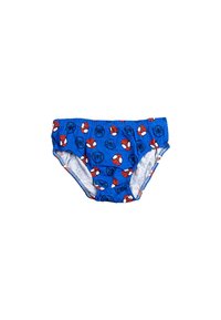 Maillots de bain bleus avec un motif Spider-Man, affichant des motifs de toiles rouges et du visage. Taille élastique et doublure intérieure douce pour le confort.