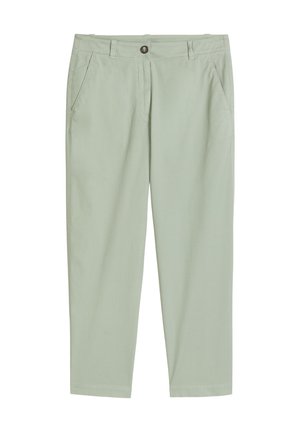 Lichtgroene rechte broek met steekzakken aan de voorkant, riemlussen, knoop- en ritssluiting.