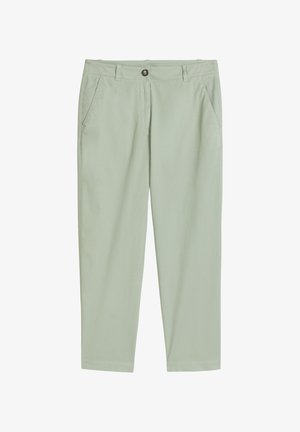 Lichtgroene rechte broek met steekzakken aan de voorkant, riemlussen, knoop- en ritssluiting.