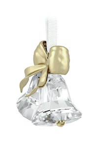 Wisiorek w kształcie kryształowego dzwonka z akcentem złotej wstążki. Przezroczysty, wielopłaszczyznowy design z polerowanym wykończeniem i złotym języczkiem dzwonka.