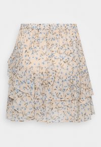 Gonna a strati floreale in beige chiaro con motivi di fiori blu e marroni. Vita elasticizzata con tre volant sovrapposti all'orlo.