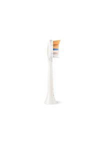 Brosse à dents électrique avec un manche en plastique blanc, dotée d'une tête de poils multicolore en orange, bleu et crème.