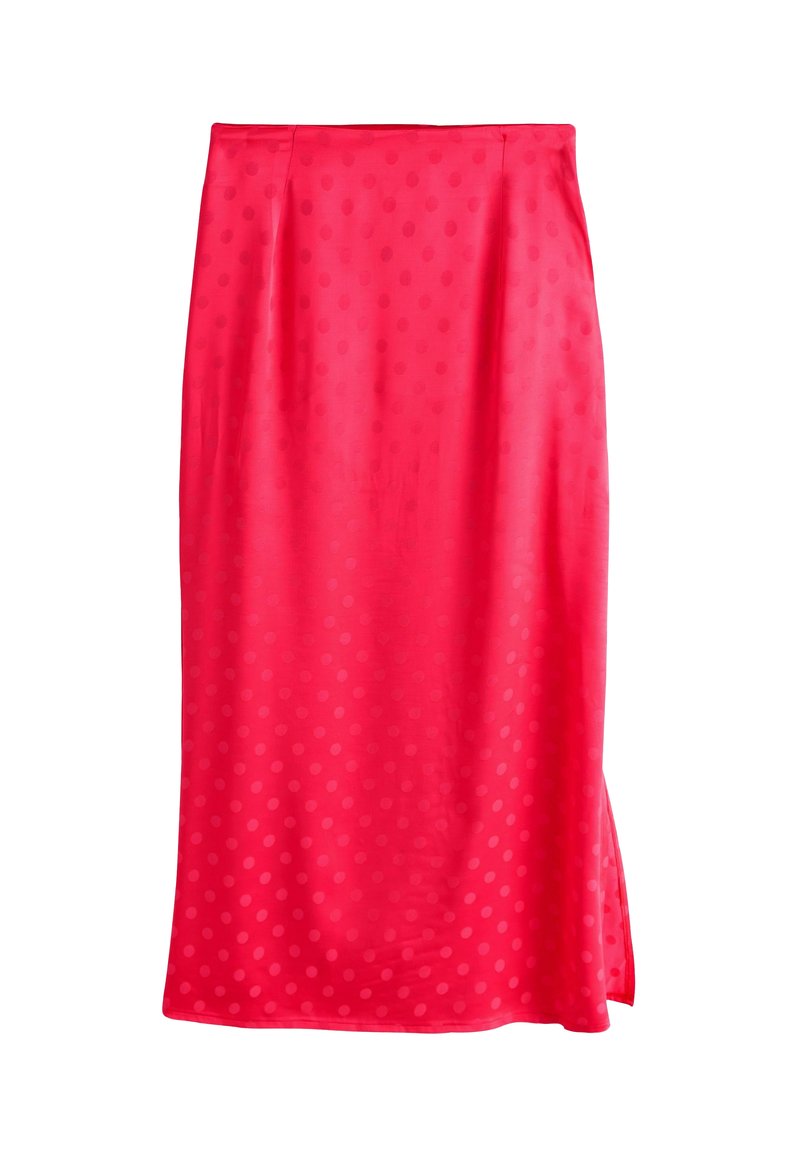 Jupe mi-longue en soie rouge avec un motif à pois subtil, une texture lisse et une fente latérale pour un détail supplémentaire.