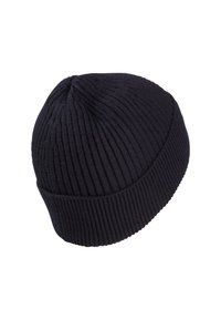 Cappello beanie a coste blu navy scuro con orlo ripiegato, mostrato su uno sfondo bianco.