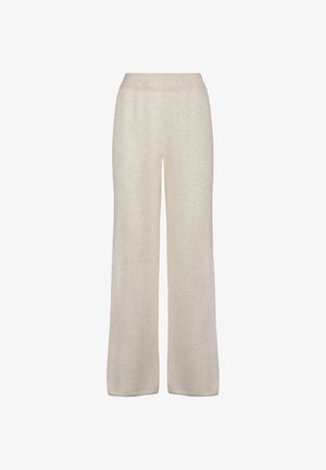 Weit geschnittene Hosen aus einem weichen, hellbeigen Stoff. Sie verfügen über eine glatte Textur, einen elastischen Bund und ein einfaches, unauffälliges Design.