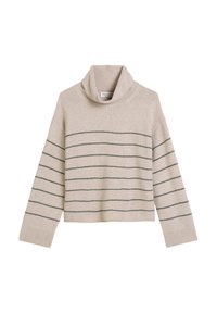 Beżowy sweter dziany z golfem, ozdobiony poziomymi ciemnoszarymi paskami, z długimi rękawami i luźnym krojem. Miękka tekstura.